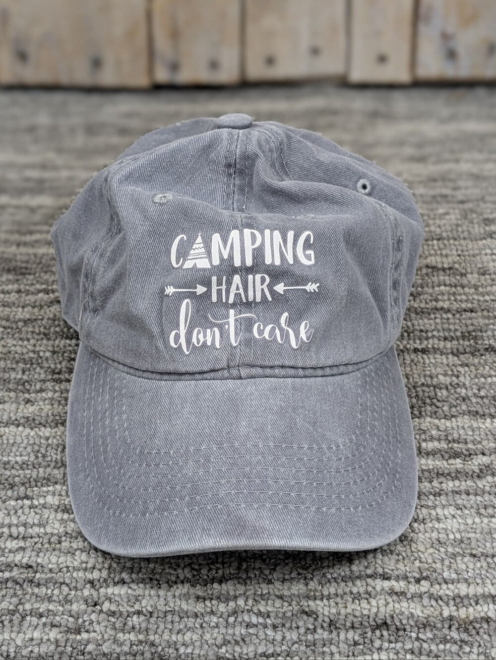 "Camping Hair Don't Care" Gray Adjustable Hat